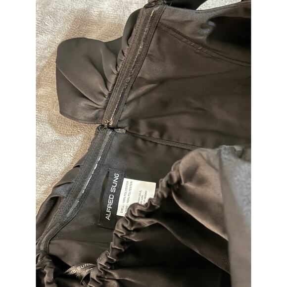 NWT Alfred Sung Black Gown SZ 14 R Women Off Shoulder Ruffle Neck Satin Trumpet - Picture 7 of 14